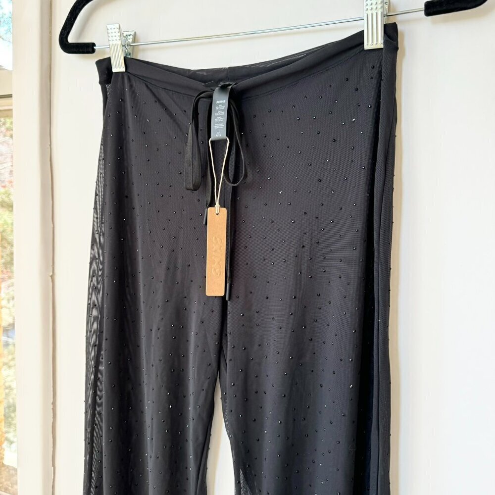 NWT SKIMS Mesh Rhinestone Swim Cover Up Drawstring Pants Black Small